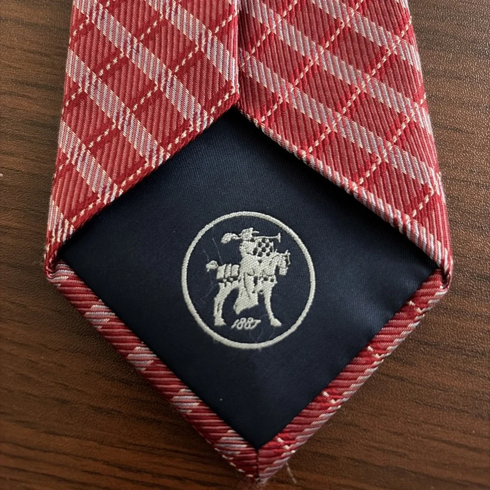 Hart Schaffner Marx Mens Silk Tie Burgundy Red Geometric Plaid  USA Made 62